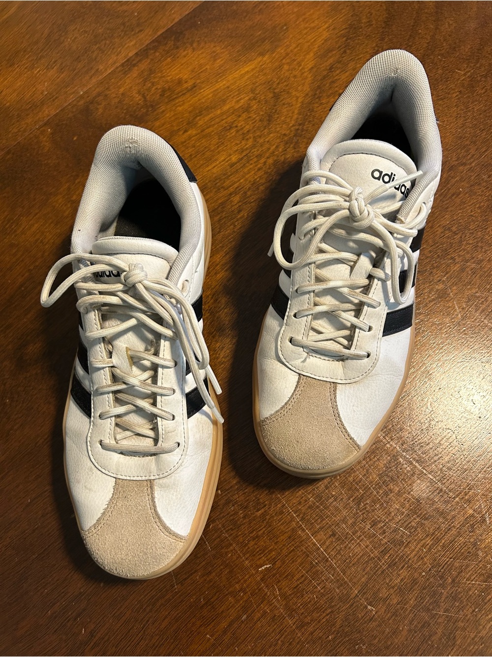 adidas Men’s White Sneakers with Black Stripes and Tan Accents